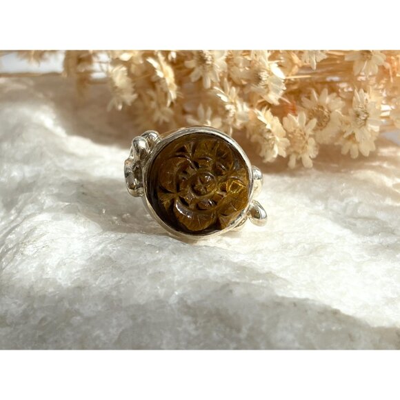 Hand Carved Wood Floral Shaped 925 Sterling Silver Statement Vintage Ring - sz 7 - Picture 3 of 11